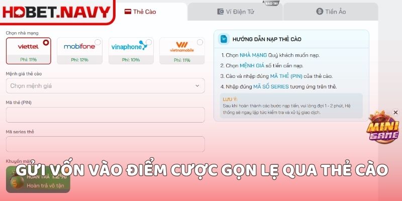Gửi vốn vào điểm cược gọn lẹ qua thẻ cào